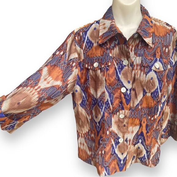 Ruby Rd Mesh Cutout Feather Ikat  Shell Button Flap Pocket Tab Sleeve Blouse - Picture 10 of 16